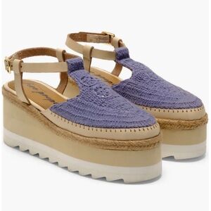 Free People Morning in Mykonos NWT Platform Wedge Size 9, Blue &Tan.